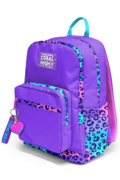 23632 Kıds Mor Leopar Desenli Dört Bölmeli Sırt Çantası