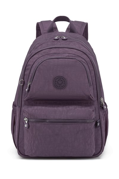 Büyük Boy Laptop Bölmeli Su Geçirmez Krınkıl Kumaş Okul Çantası Mürdüm