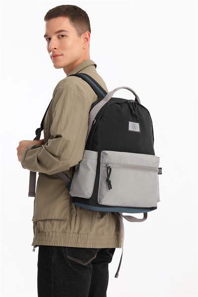 Büyük Boy Laptop Bölmeli Su Geçirmez Kumaş Renkli Okul Çantası Siyah/Gri