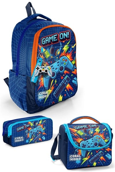 Erkek Çocuk Lacivert Game Desenli 3’lü Okul Çanta Seti SET0133251