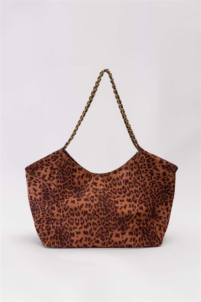 Extra Büyük Boy Örgü Zincir Askılı Shopper Tasarım Soft Süet Kadın Omuz Çantası Leopar