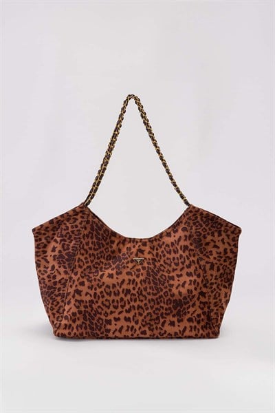 Extra Büyük Boy Örgü Zincir Askılı Shopper Tasarım Soft Süet Kadın Omuz Çantası Leopar