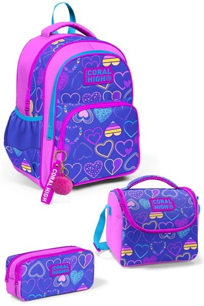 Kids Açık Pembe Lavanta Kalp Desenli 3lü Okul Çanta Seti SET0123401