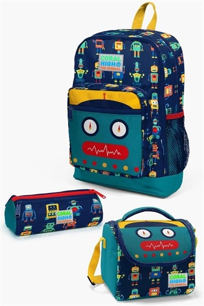 Kids Lacivert Çivit Robot Desenli 3’lü Okul Çanta Seti SET0123472