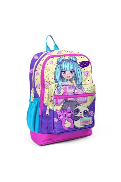 Kids Mor Pembe Anime Kız Desenli Dört Bölmeli Okul Sırt Çantası 23735