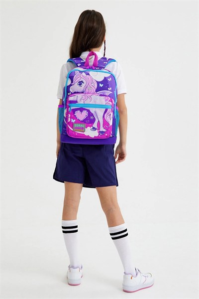 Kids  Mor Pembe Unicorn Desenli Dört Bölmeli Okul Sırt Çantası 23708