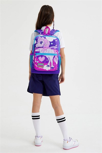 Kids  Mor Pembe Unicorn Desenli Dört Bölmeli Okul Sırt Çantası 23708