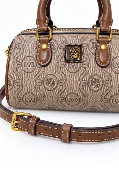 Monogram Desenli Speedy Tasarım Mini Boy Uzun Askılı Kadın El Çantası Camel