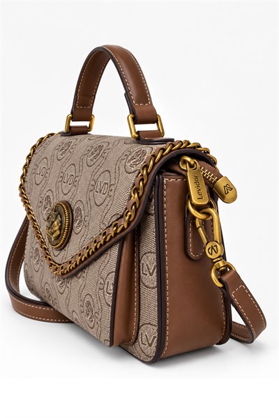 Monogram ve Zincir Örgü Detaylı Logolu Küçük Boy Şık Tasarım Kadın El ve Omuz Çantası Camel