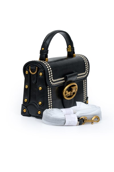 Otantik Fayton Metal Logo ve Nakış Detaylı Küçük Boy Kadın El ve Omuz Çantası LV930573 Siyah