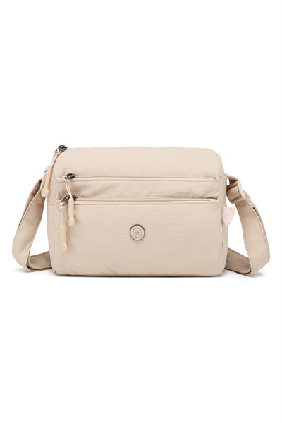 Smart Bags Bej Kadın Omuz Çantası Hafif Kumaş Çok Cepli Çapraz Uzun Askılı