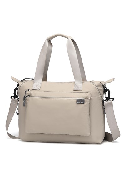 Smart Bags Bej Kadın Omuz ve Spor Çantası Hafif Kumaş Uzun Askılı Çok Cepli