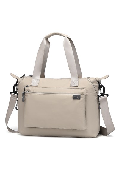 Smart Bags Bej Kadın Omuz ve Spor Çantası Hafif Kumaş Uzun Askılı Çok Cepli