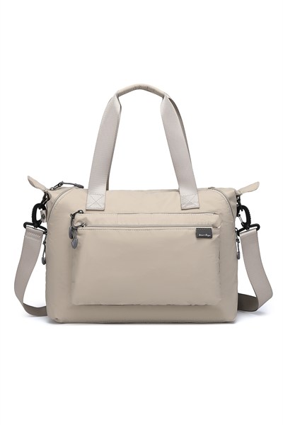 Smart Bags Bej Kadın Omuz ve Spor Çantası Hafif Kumaş Uzun Askılı Çok Cepli