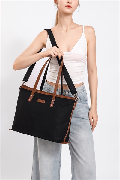 Smart Bags Camel Kadın Omuz Çantası Büyük Boy Kanvas Kumaş Hakiki Deri Detaylı