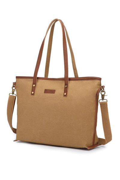 Smart Bags Camel Kadın Omuz Çantası Büyük Boy Kanvas Kumaş Hakiki Deri Detaylı