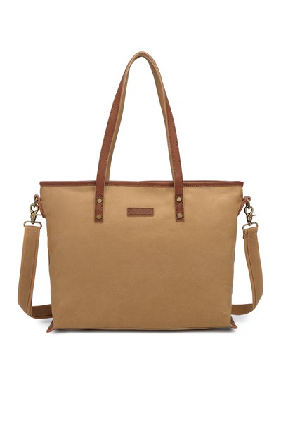 Smart Bags Camel Kadın Omuz Çantası Büyük Boy Kanvas Kumaş Hakiki Deri Detaylı