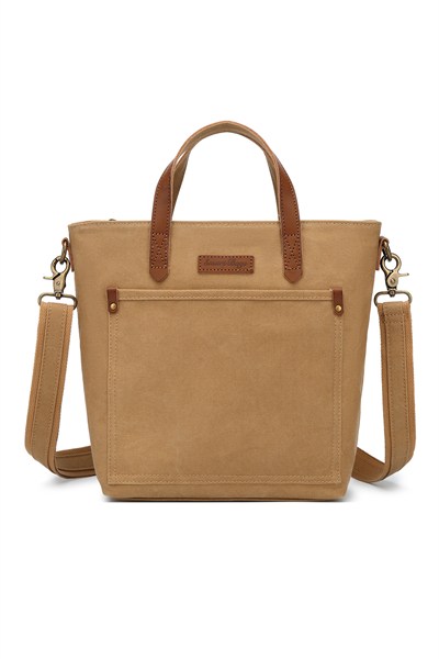 Smart Bags Camel Kadın Omuz Çantası Kanvas Kumaş Hakiki Deri Detaylı Uzun Askılı 