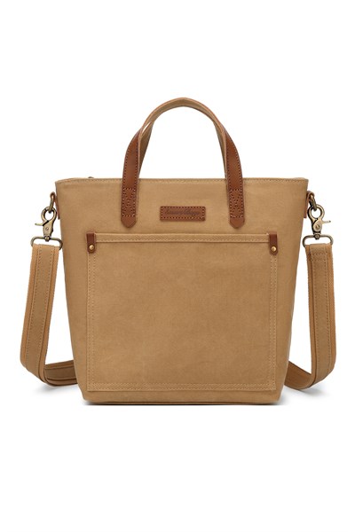 Smart Bags Camel Kadın Omuz Çantası Kanvas Kumaş Hakiki Deri Detaylı Uzun Askılı 
