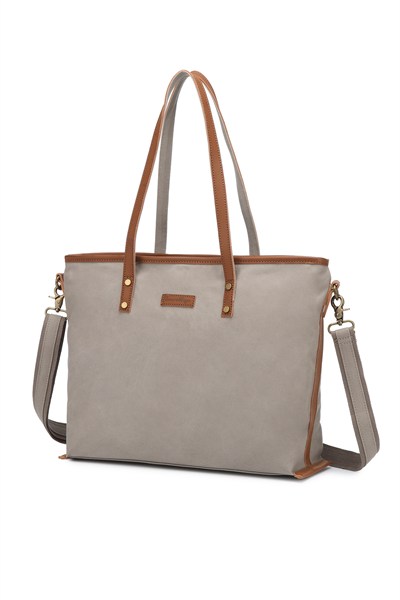 Smart Bags Koyu Gri Kadın Omuz Çantası Büyük Boy Kanvas Kumaş Hakiki Deri Detaylı