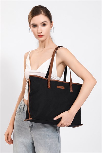 Smart Bags Siyah Kadın Omuz Çantası Büyük Boy Kanvas Kumaş Hakiki Deri Detaylı