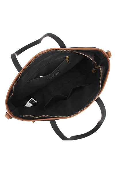Smart Bags Siyah Kadın Omuz Çantası Büyük Boy Kanvas Kumaş Hakiki Deri Detaylı