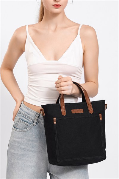 Smart Bags Siyah Kadın Omuz Çantası Kanvas Kumaş Hakiki Deri Detaylı Uzun Askılı 