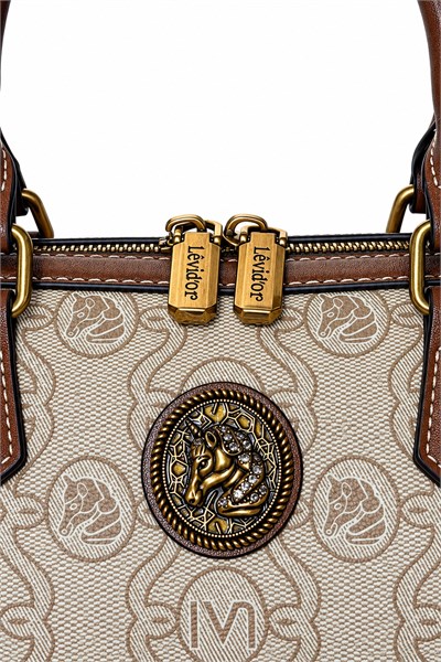 Unicorn Baskılı Logo Detaylı Orta Boy Speedy Tasarım Kadın El ve Omuz Çantası Haki
