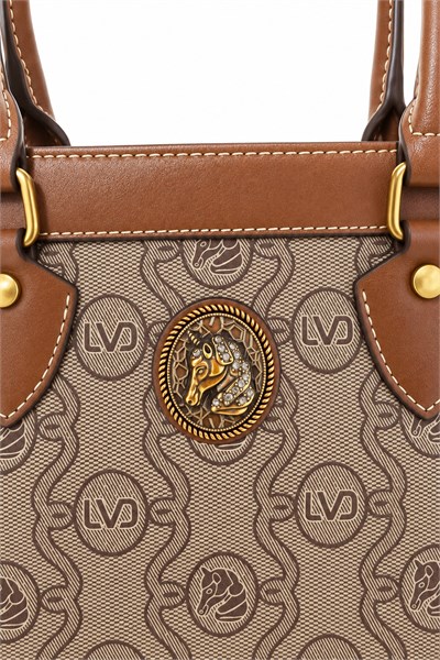 Unicorn Logo Detaylı Monogram Baskılı Şık ve Günlük Kadın El ve Omuz Çantası Camel