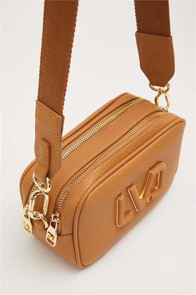 Uzun Askılı Küçük Boy Crossbody Çift Bölmeli Logo Detaylı Kadın Günlük Omuz Çantası Camel