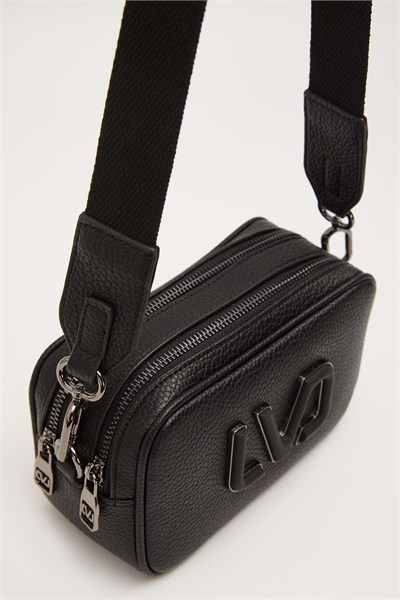 Uzun Askılı Küçük Boy Crossbody Çift Bölmeli Logo Detaylı Kadın Günlük Omuz Çantası Siyah