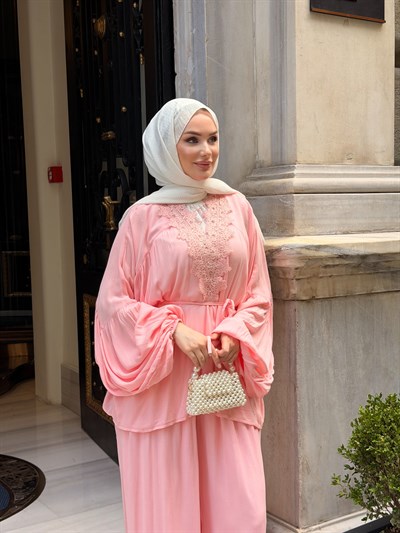 AHSEN DANTEL DETAYLI PANTOLON TAKIM | PEMBE