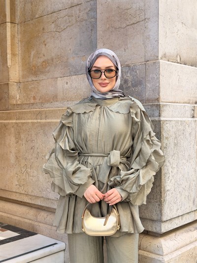 Angeline Fırfır Detaylı Pantolon Takım | Koyu Çağla