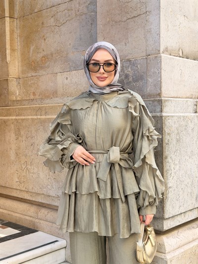 Angeline Fırfır Detaylı Pantolon Takım | Koyu Çağla
