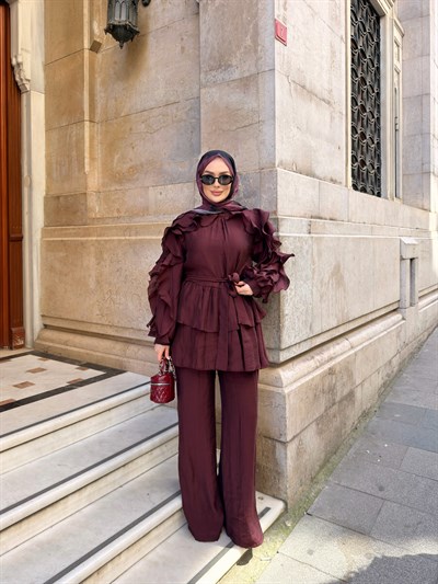 Angeline Fırfır Detaylı Pantolon Takım | Bordo