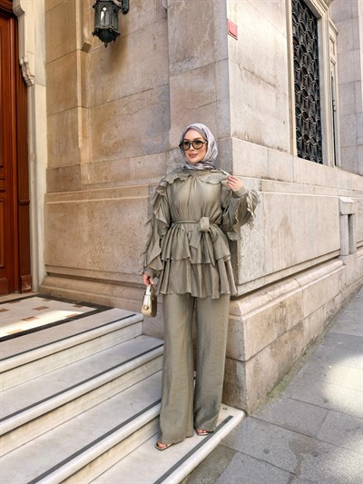 Angeline Fırfır Detaylı Pantolon Takım | Koyu Çağla
