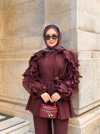 Angeline Fırfır Detaylı Pantolon Takım | Bordo