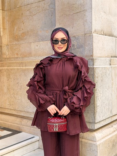 Angeline Fırfır Detaylı Pantolon Takım | Bordo