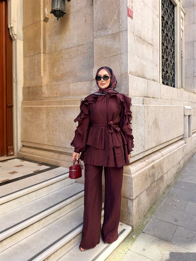 Angeline Fırfır Detaylı Pantolon Takım | Bordo