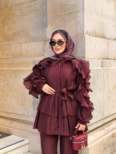 Angeline Fırfır Detaylı Pantolon Takım | Bordo