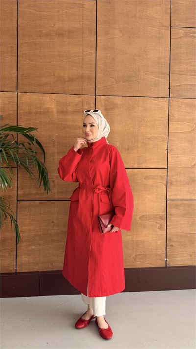 DELORA UZUN TRENCH KIRMIZI