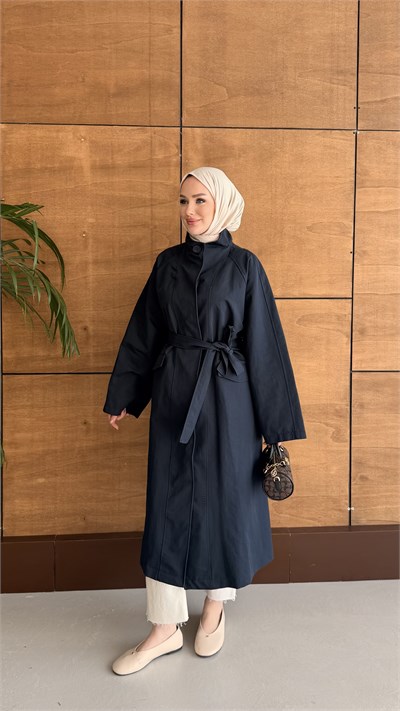 DELORA UZUN TRENCH LACİVERT
