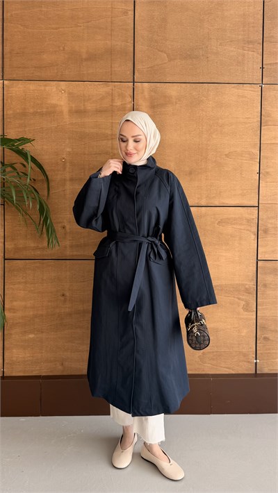 DELORA UZUN TRENCH LACİVERT