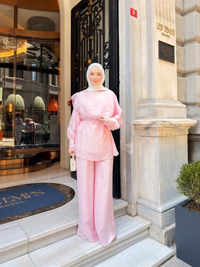 EFSUN DANTEL DETAYLI PANTOLON TAKIM | PEMBE