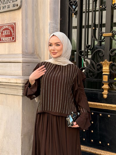 Gizia Şifon Etekli Takım | Kahve