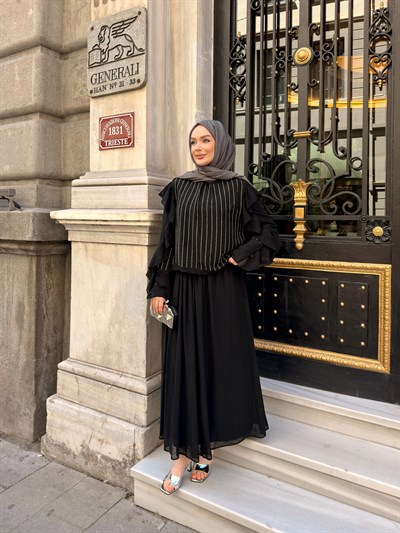 Gizia Şifon Etekli Takım | Siyah
