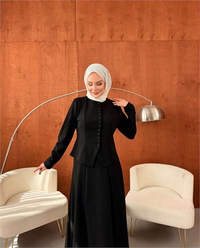 LADİN ÇELİK ÖRME DÜĞMELİ ETEKLİ TAKIM SİYAH