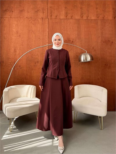 LADİN ÇELİK ÖRME DÜĞMELİ ETEKLİ TAKIM BORDO