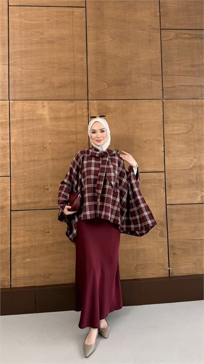 MOUN DESENLİ YARASA KOL PANÇO BORDO