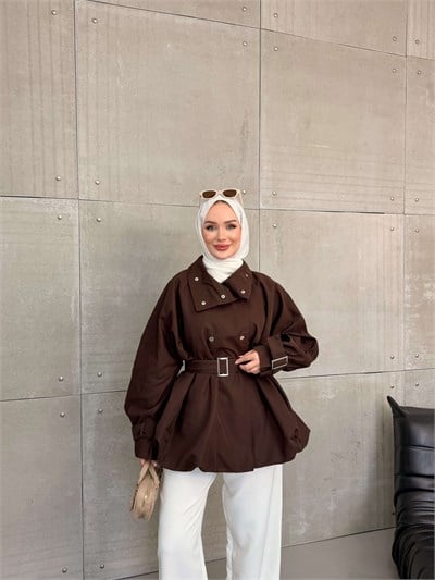 TUYA DİK YAKA BALON TRENC KAHVE